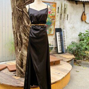 Black Satin Cowl Neck Slip Maxi Dress Draped Belt 🖤